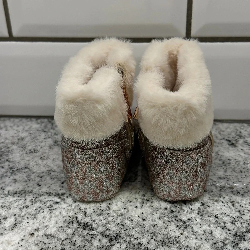 Michael Kors Baby Infant Sz 2 Booties Rose Gold Glitter Faux Fur Emma Bliss Chic